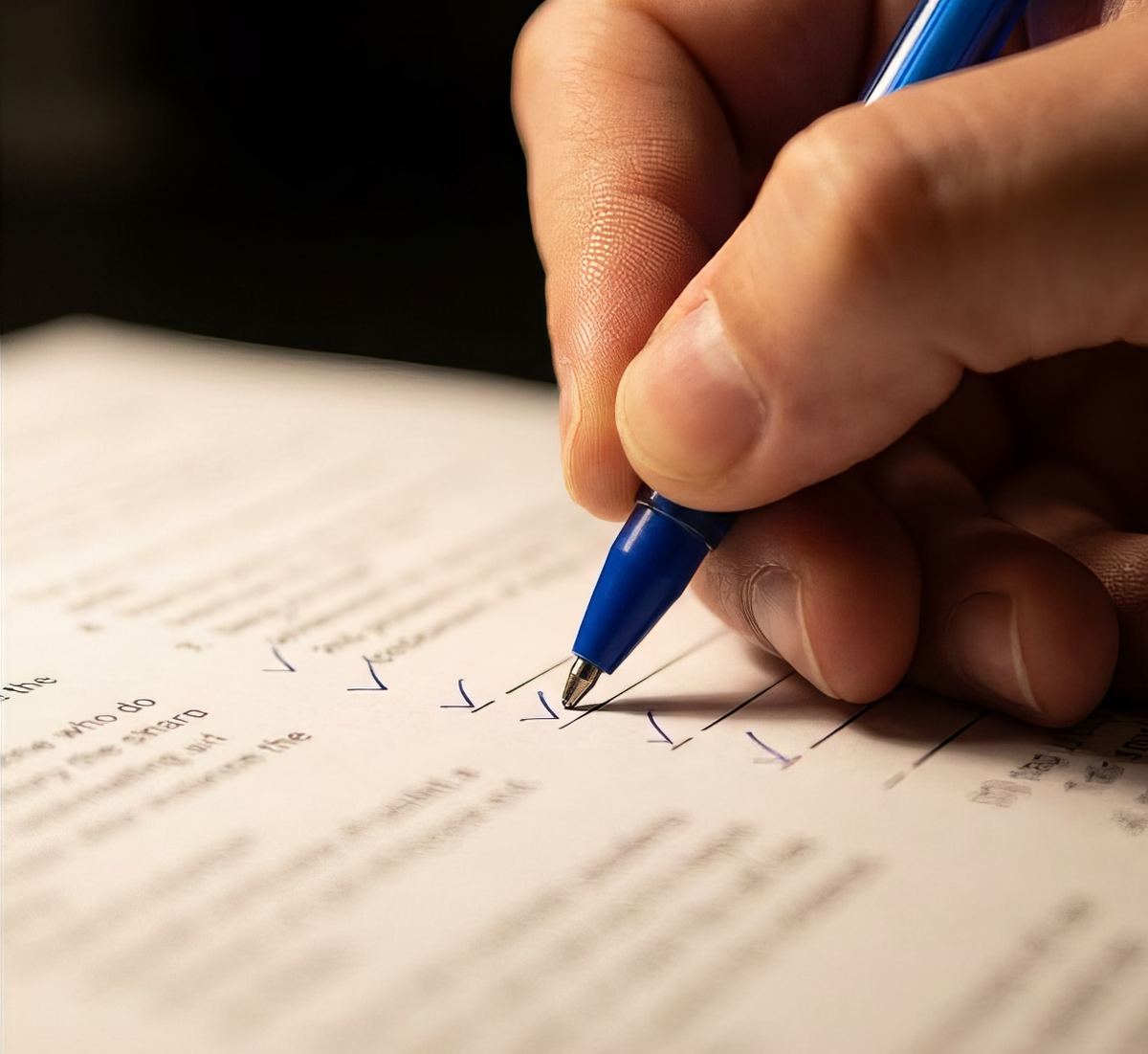 A hand ticking boxes down a printed questionnaire with a ballpoint pen