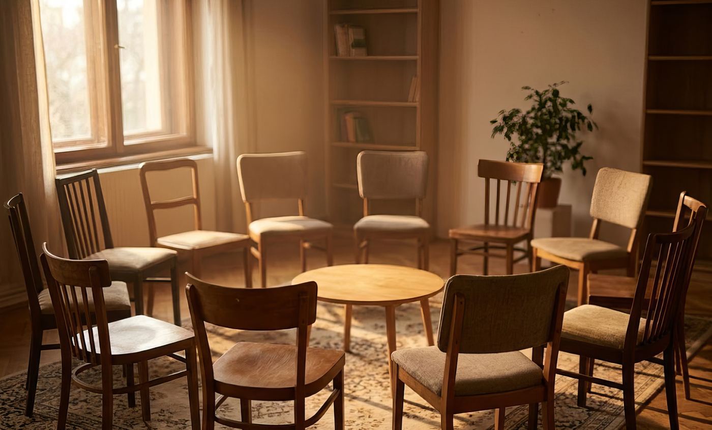 Chairs arranged in a circle around a small table in a bright room