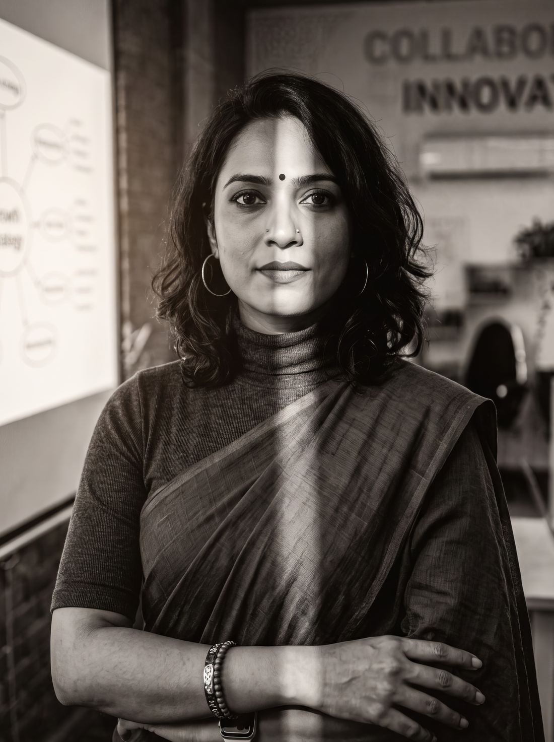 A woman in her forties standing in a workplace, arms folded